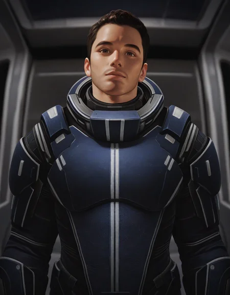 masterpiece, best quality, newest, perfect quality, best quality, detailed background, intricate details, male focus, solo, photorealistic, <lora:Mass Effect - Kaidan Alenko - Illustrious-000006:0.7>, mekalenko, 1boy, dark brown hair, short hair, thick stubble, brown eyes, looking at viewer, space station interior, spacesuit, head tilt towards viewer, standing, portrait