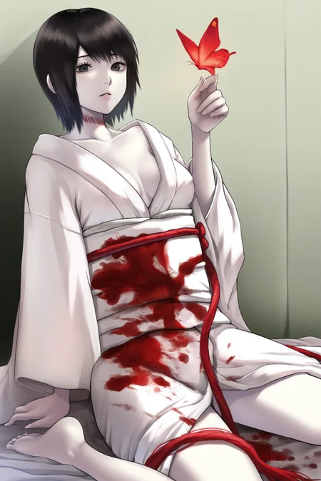 masterpiece, best quality, amazing quality, fine details, Kurosawa, pale skin, solo, breasts, medium breasts, short hair, black hair, black eyes, barefoot, japanese clothes, kimono, white kimono, blood on clothes, butterfly, red butterfly