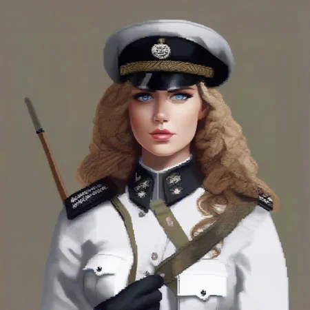 woman, soldier, slavic, blue eyes, long curly hair, brigadier cap, black and red uniform, sexy pose,fishnets