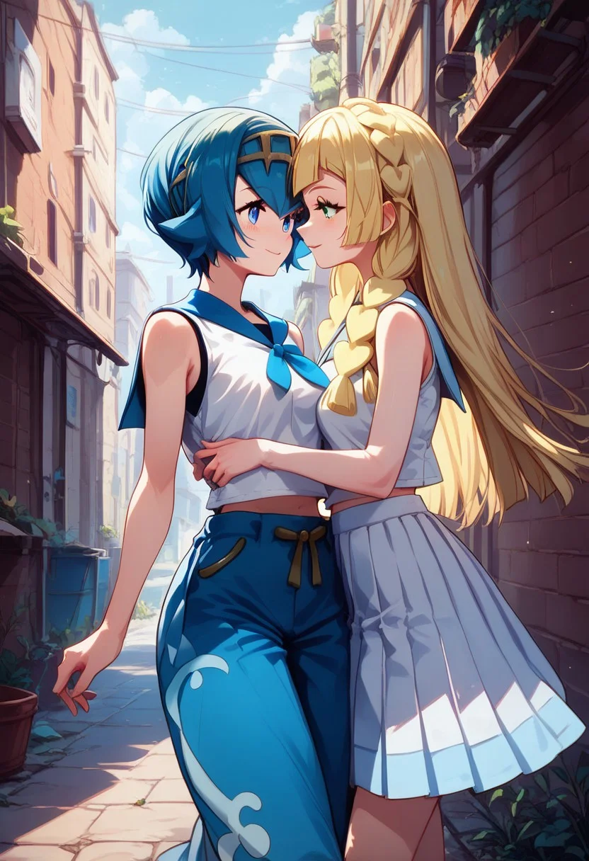 score_9, score_8_up, score_8, medium breasts, (curvy), cute, eyelashes,
LllLn, 2girls, zzLana, yellow hairpiece, blue hair, white shirt, sleeveless shirt, sailor collar, blue pants, baggy pants, zzlillie, long hair, French braid, white shirt, short sleeves, white skirt, pleated skirt,
smile,
walking, close together, arms around shoulders, rear view, highly detailed, intricate, zzCitronLegacy, alley, village, blush,
zPDXL, Expressiveh,