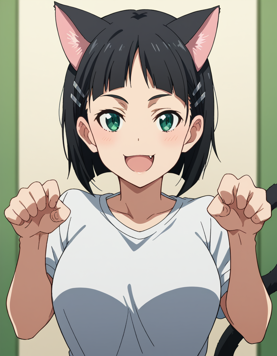 score_9, score_8_up, score_7_up, source_anime, suguhakirigaya, <lora:suguha-kirigaya-s1-ponyxl-lora-nochekaiser:1>, suguha kirigaya, short hair, black hair, hair ornament, hairclip, green eyes, large breasts,, <lora:paw-pose-ponyxl-lora-nochekaiser:1>, paw pose, cat ears, cat tail, animal ears, tail, cat girl, open mouth, fang, whiskers,, indoors, smile,, cowboy shot, dutch angle, looking at viewer,
