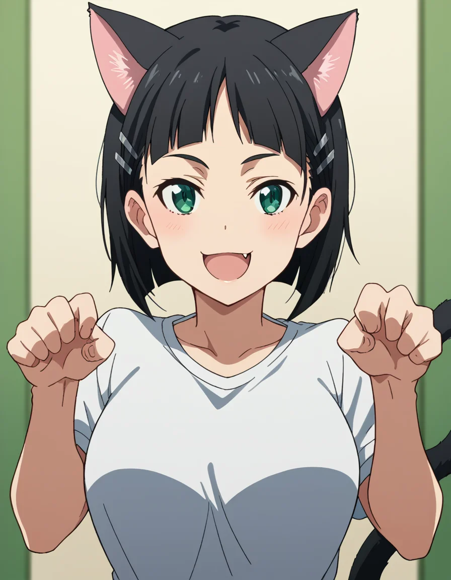 score_9, score_8_up, score_7_up, source_anime, suguhakirigaya, <lora:suguha-kirigaya-s1-ponyxl-lora-nochekaiser:1>, suguha kirigaya, short hair, black hair, hair ornament, hairclip, green eyes, large breasts,, <lora:paw-pose-ponyxl-lora-nochekaiser:1>, paw pose, cat ears, cat tail, animal ears, tail, cat girl, open mouth, fang, whiskers,, indoors, smile,, cowboy shot, dutch angle, looking at viewer,