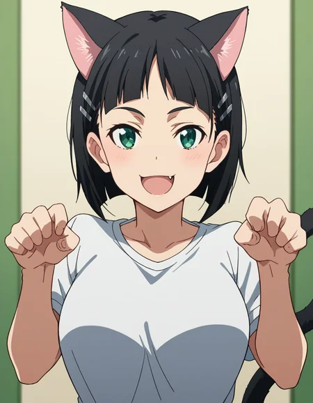 score_9, score_8_up, score_7_up, source_anime, suguhakirigaya, <lora:suguha-kirigaya-s1-ponyxl-lora-nochekaiser:1>, suguha kirigaya, short hair, black hair, hair ornament, hairclip, green eyes, large breasts,, <lora:paw-pose-ponyxl-lora-nochekaiser:1>, paw pose, cat ears, cat tail, animal ears, tail, cat girl, open mouth, fang, whiskers,, indoors, smile,, cowboy shot, dutch angle, looking at viewer,