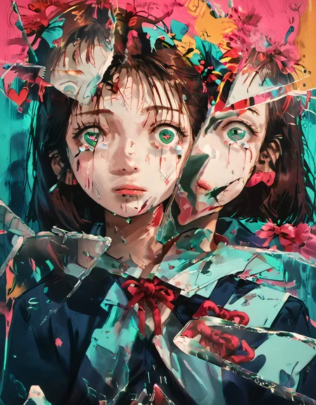 score_9,score_8_up,score_7_up,high quality,highres,masterpiece,colorful,abstract background,abstract,((hearts)),((hearts)),tears,IncrsXLBrknGls,broken glass,reflection,upper body,about to go insane,looking at viewer,wide-eyed,eye focus,from above,heart-shaped pupils, Sakura Kinomoto, Short, brown hair, Green eyes, Fair skin, Pink and white baton, Various magical girl outfits, School uniform with beret, Roller skates, Ponytails with bows, Forehead bangs, Kinomoto_Sakura