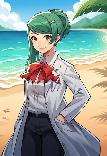score_9, score_8_up, score_7_up, source_anime BREAK 1girl, solo,
<lora:zs_YuuXL:1> yuup3, green hair, long hair, hair bun, swept bangs, hair ornament, labcoat, bow, white shirt, pants
cowboy shot, smile, beach, blue sky, looking at viewer, arms folded
