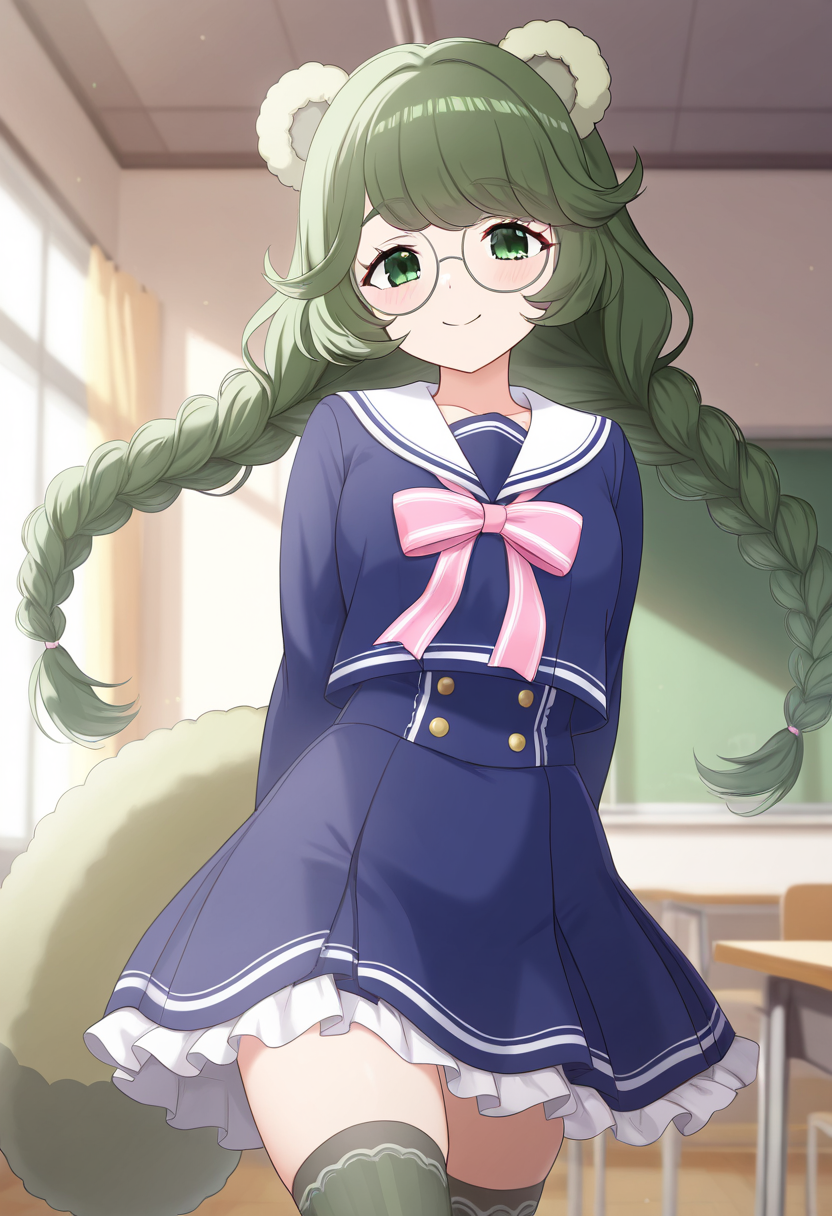 1girl,solo,<lora:pokoeil:0.9>,pokoe_(show_by_rock!!),animal ears,green eyes,twin braids,glasses,long hair,green hair,raccoon tail,school uniform,blue shirt,blue skirt,sailor collar,long sleeves,pink bow,black thighhighs,looking_at_viewer,cowboy_shot,classroom,windows,smile,arms_behind_back,closed mouth,masterpiece,best quality,good quality,newest,incredibly absurdres,