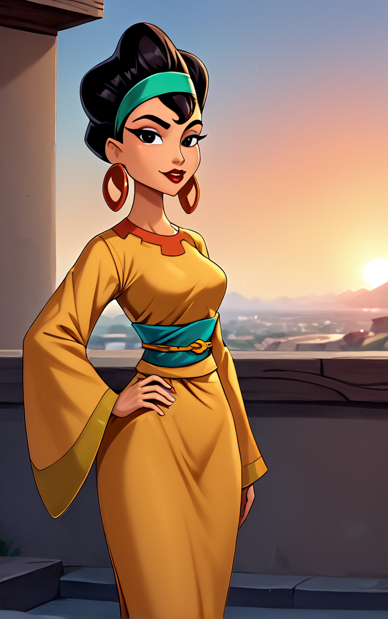 score_9, score_8_up, score_7_up, score_6_up, looking at viewer,  BREAK
MainOutfit_EmprorerGroove_Chicha_ownwaifu, 
1girl, black hair, dark-skinned female, jewelry, black eyes, makeup, lipstick, short hair, headband, hairband, red lips, hair bun, breasts, hoop earrings, single hair bun,
yellow dress, long sleeves, wide sleeves, japanese clothes, belt, orange dress, sash, 
(contrapposto, hand on hip), sunset, sidelighting, cityscape, outdoors, <lora:PONYXL_EmprorerGroove_Chicha_ownwaifu:1> , depth of field, solo,