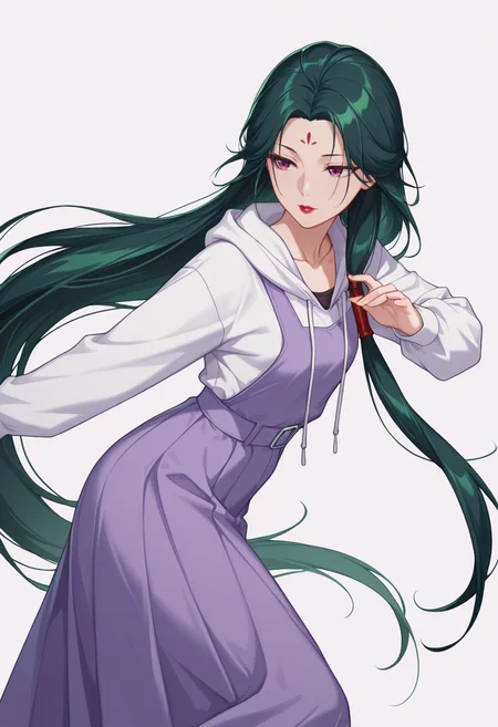 Smooth Quality,masterpiece,very intricate, high quality details, ultra realistic, high detailed skin,detailed enviorement,absurdres,
simple background, white background,solo,
from side,envy,dancing, 
 <lora:Fengxian_CNR:0.8> feng_cnr, 1girl,green hair,very long hair,purple eyes,forehead mark, collarbone, red lips,
pinafore top,  ,zip-up hoodie, ,sheer skirt,  ,