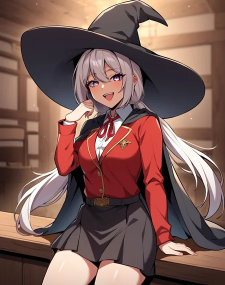 lucy_mayreel, white hair, long hair, twintails, purple eyes, white shirt, school uniform, red neck ribbon, red jacket, collared shirt, black cape, witch hat, manhwa, BREAK indoors, medieval, tavern, BREAK looking at viewer, sexy face, sexy smile, open mouth, cowboy shot BREAK score_9, score_8_up, score_7_up, source_anime ,zPDXL, perfect hand, <lora:Lucy_Mayreel_r1:0.8>