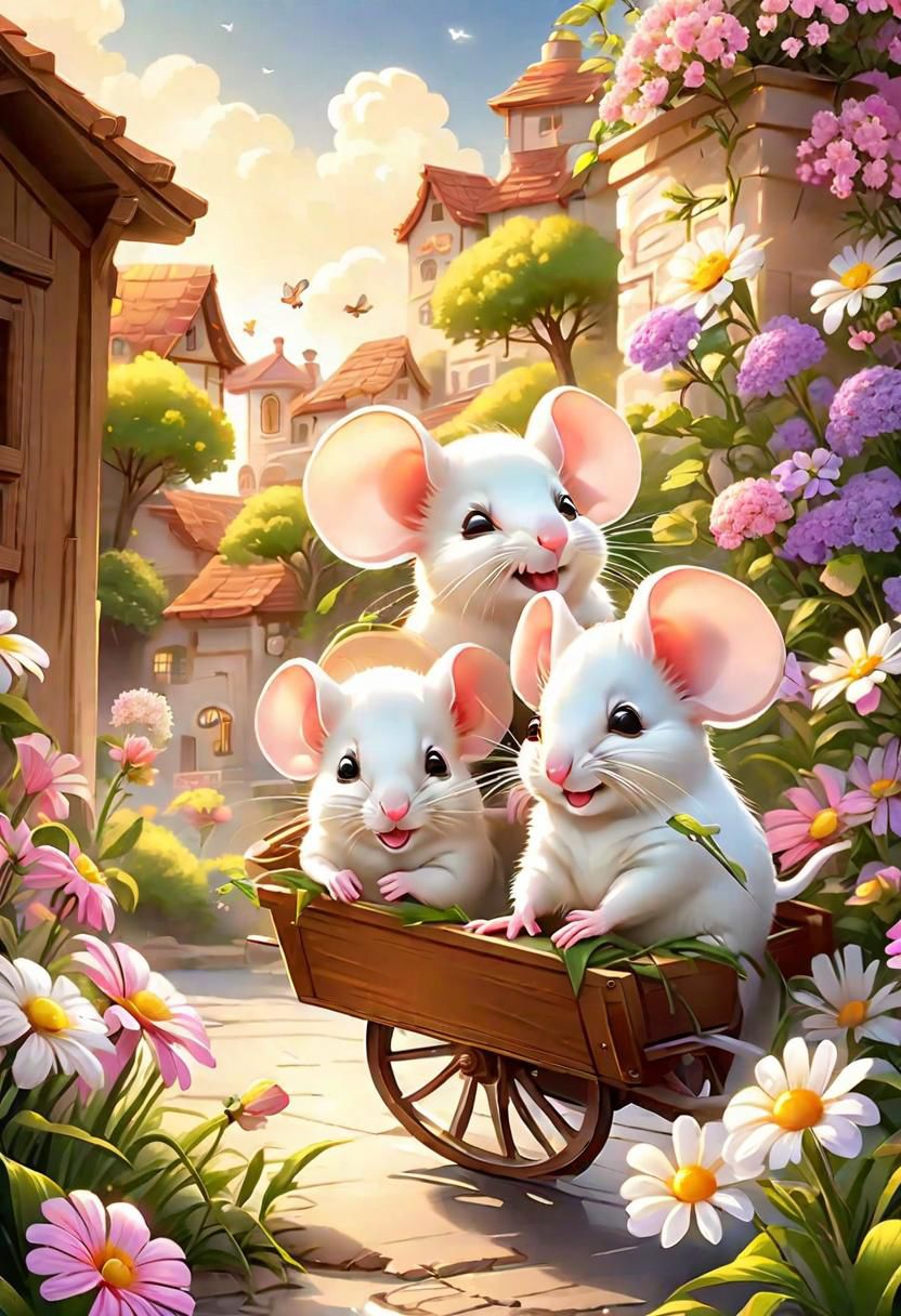 masterpiece,best quality,original,official art,cute mice, purple flower,background,cartoon rendering,beautiful detailed glow, beautiful detailed cute mice ,sunny, creamy flower, happy, big grin, mice drive with little wagon