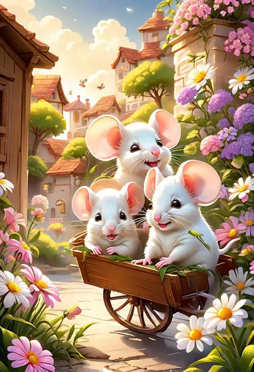 masterpiece,best quality,original,official art,cute mice, purple flower,background,cartoon rendering,beautiful detailed glow, beautiful detailed cute mice ,sunny, creamy flower, happy, big grin, mice drive with little wagon