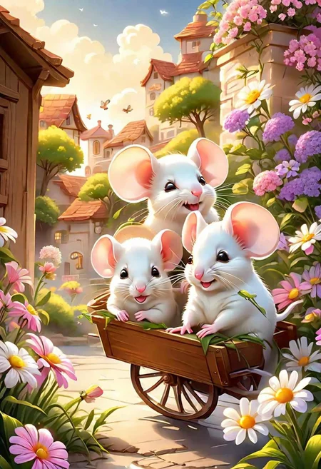 masterpiece,best quality,original,official art,cute mice, purple flower,background,cartoon rendering,beautiful detailed glow, beautiful detailed cute mice ,sunny, creamy flower, happy, big grin, mice drive with little wagon