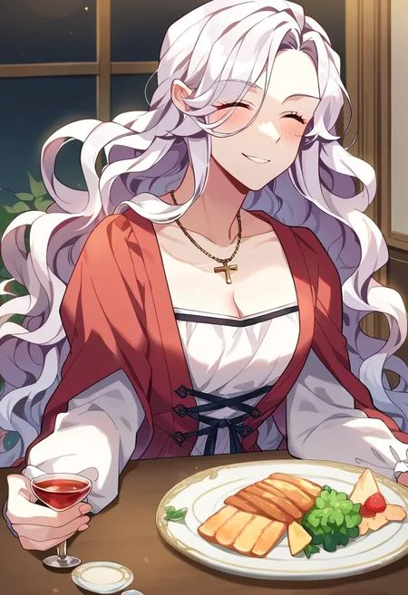 score_9,score_8_up,score_7_up,source_anime,zPDXL3,
*//*,<lora:AbigailFreidkin_v1.0:1>,1girl,long hair,white hair,wavy hair,cleavage,dress,cross-laced clothes,necklace,jewelry,
*//*,food,fork,knife,blush,plate,closed eyes,smile,^ ^,