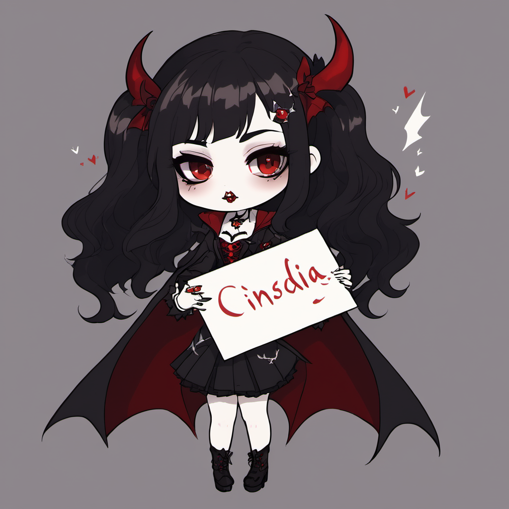 One Vampires girl held a blank piece of paper with Cinsdia written on it , <lora:chibi_anime-000005:1>