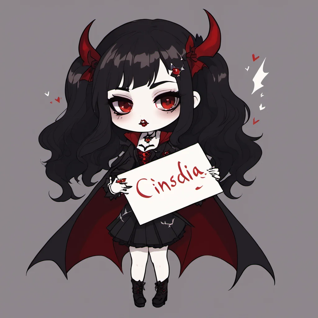 One Vampires girl held a blank piece of paper with Cinsdia written on it , <lora:chibi_anime-000005:1>