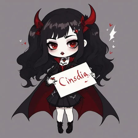 One Vampires girl held a blank piece of paper with Cinsdia written on it , <lora:chibi_anime-000005:1>