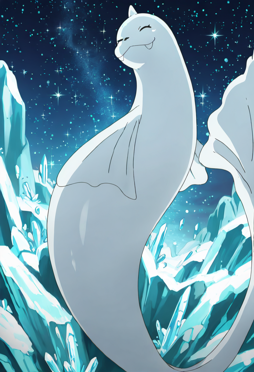 masterpiece, best quality, anime screencap, solo,   zzDewgong, curled on a floating iceberg, eyes closed in serene rest as northern lights ripple across the night sky and ice crystals sparkle in its wake.     ,<lora:DewgongPokedex_IXL_v1:1.0>,