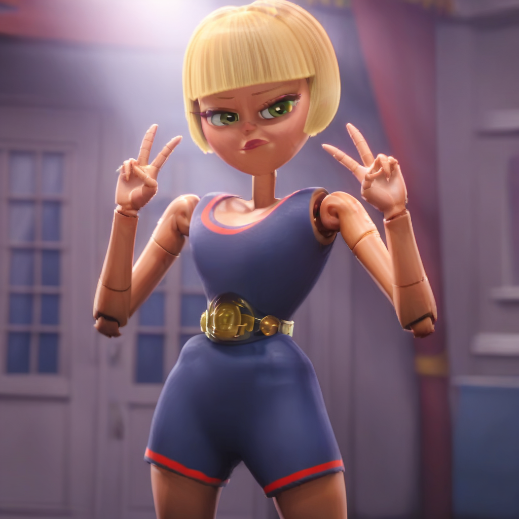 score_9_up, BREAK, Irene, 1girl, solo, blonde hair, short hair, blunt bangs, bob cut, green eyes, joints, romper, cowboy shot, double v,  <lora:Irene_SherlockGnomes_PXL_Leaf1:1>, 3d,