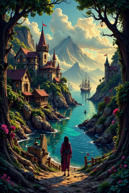 pirate village beautiful  landscape, early morning, woman, very intricate, very detailed, sharp, bright, colorful, <lora:Hand v2:0.5> <lora:Anti-Blur:1><lora:Insane Detail Slider:0.25>  <lora:flux.1_lora_flyway_Epic-detail_v2:0.3> <lora:fluxenhancer:0.25> <lora:ck-Neon-Retrowave:0.4> ck-rw, in the style of ck-rw,  <lora:Neurocore Anime Cyberpunk:0.8> A digital artwork in the style of cknc
