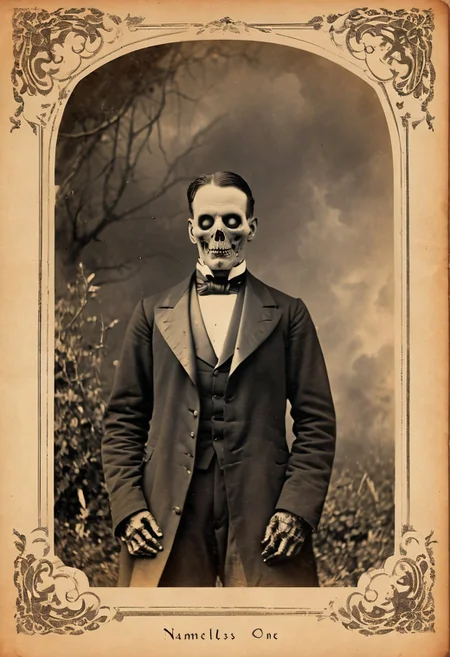 antique photo, nameless one, style of horror novel