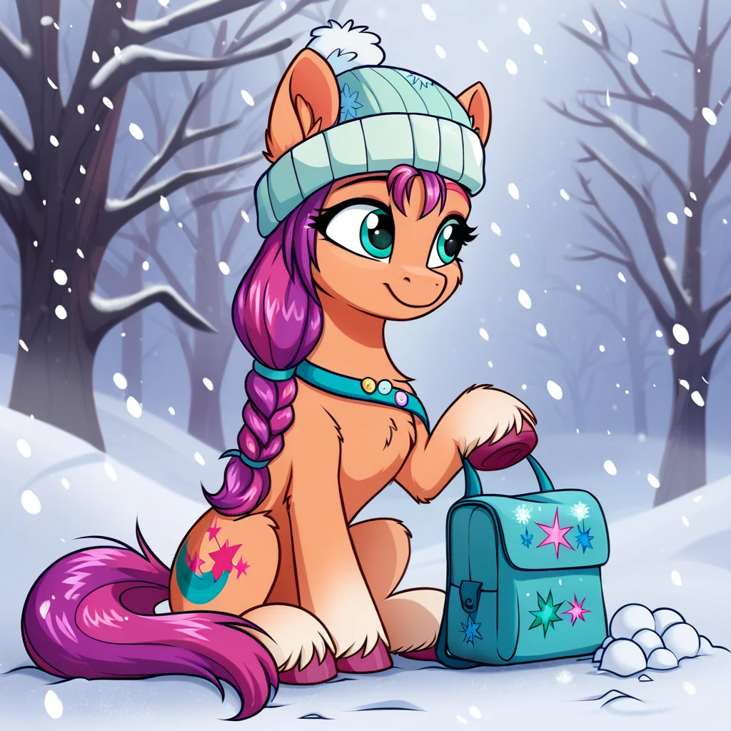 score_9, score_8_up, score_7_up, score_6_up, score_5_up, score_4_up, rating_safe, sunny starscout, earth pony, female, g5, mare, pony, solo, bag, belly, chest fluff, clothes, cute, hat, saddle bag, sitting, slender, snow, snowball, unshorn fetlocks, winter, winter outfit, ear fluff, thin, concave belly, looking sideways, hoof hold, snowfall, coat markings, leg fluff, sunnybetes, winter hat, socks \(coat markings\), winter wishday, mane stripe sunny, detailed, beautiful, detailed background, <lora:Wholesome-MLP-v1.3b:1>
