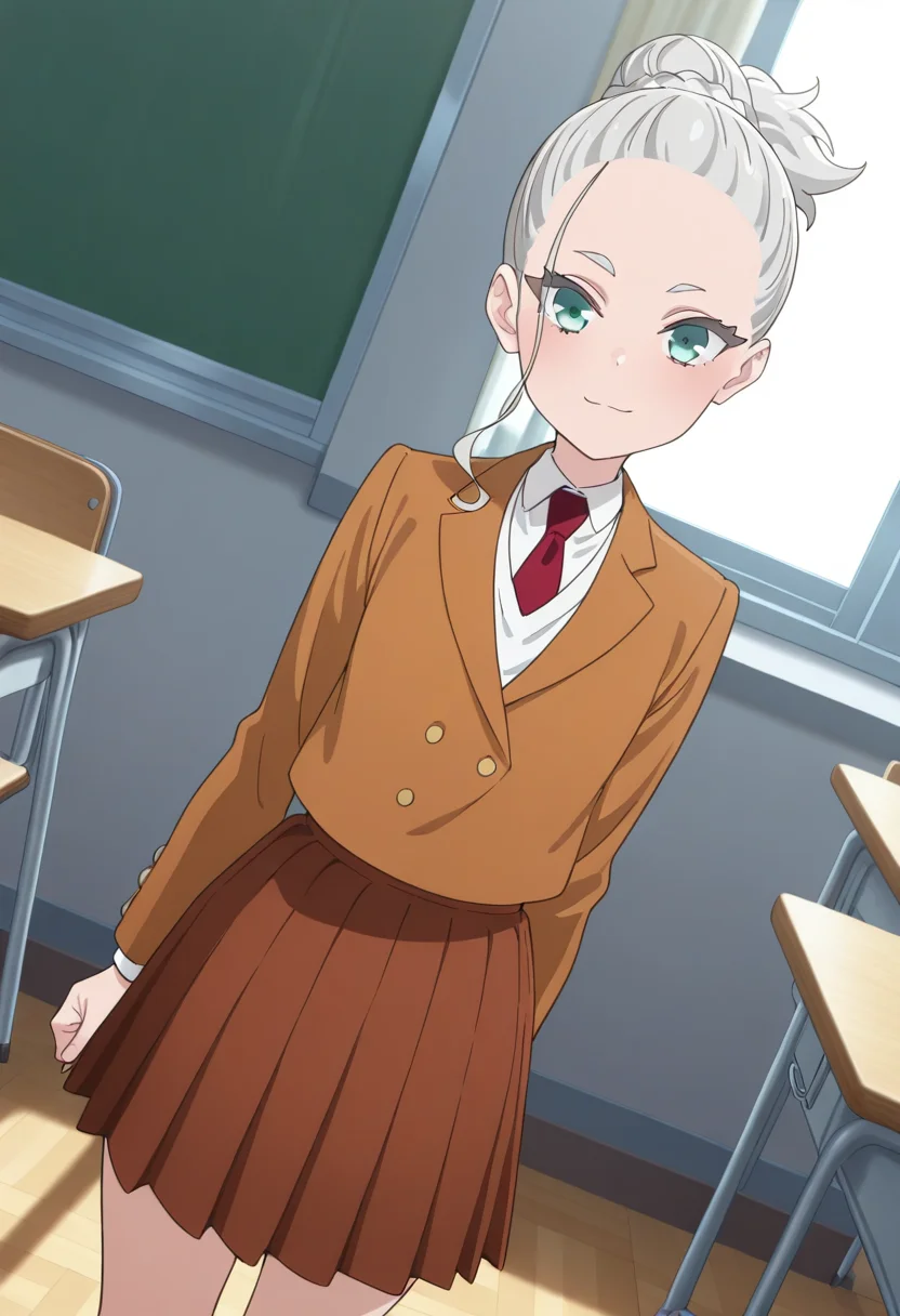 masterpiece,best quality,absurdres,perfect lighting,classroom,
*//*,<lora:HealerGirl_Sonia_Yanagi-Illustrious:1>,sonia_yanagi,1girl,solo,grey hair,aqua eyes,forehead,school uniform,blazer,brown jacket,long sleeves,red necktie,white shirt,collared shirt,brown skirt,pleated skirt,white socks,shoes,black footwear,loafers,
*//*,looking at viewer,cowboy shot,dutch angle,dynamic pose,light smile,