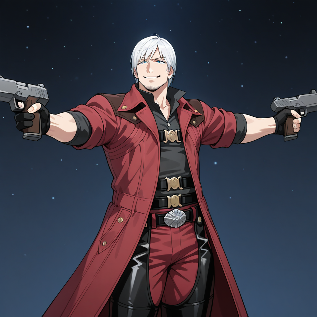 rollingbusterrifle, holding gun, beam rifle, spread arms, outstretched arms, dual wielding, 1boy, solo, da4e3, white hair, blue eyes, facial hair, beard stubble, black collared shirt, open collar, chest belt, red coat, trench coat, sleeves rolled up, black gloves, partially fingerless gloves, buckle, black chaps, red pants, cowboy shot, outer space,, smug, smile, legs together,