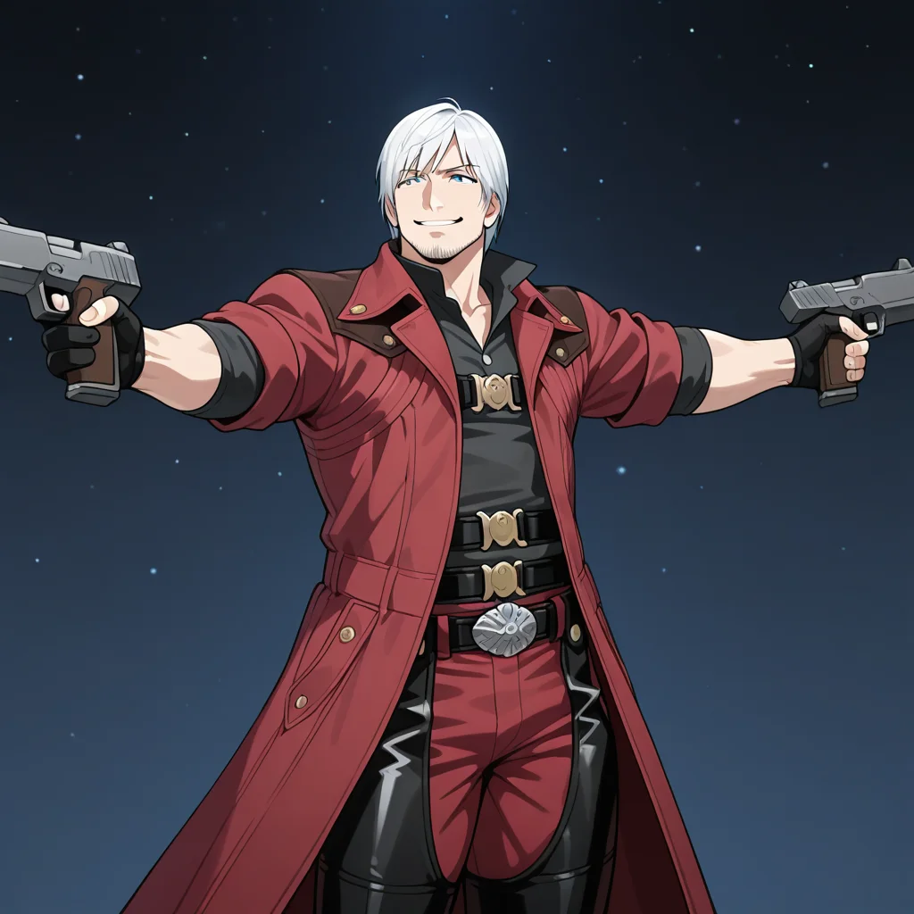 rollingbusterrifle, holding gun, beam rifle, spread arms, outstretched arms, dual wielding, 1boy, solo, da4e3, white hair, blue eyes, facial hair, beard stubble, black collared shirt, open collar, chest belt, red coat, trench coat, sleeves rolled up, black gloves, partially fingerless gloves, buckle, black chaps, red pants, cowboy shot, outer space,, smug, smile, legs together,
