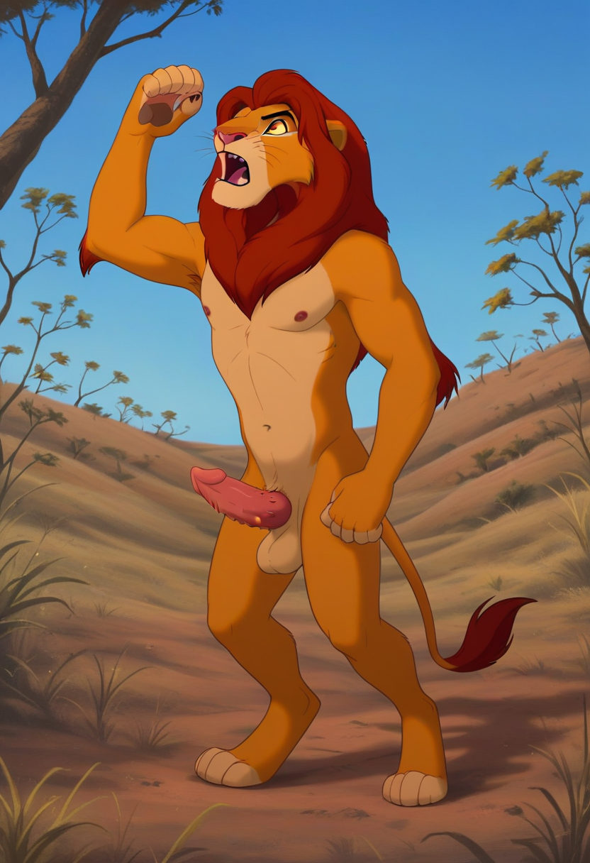 core_9, score_8_up, score_7_up, , g4n1m3, comicbookpage style,
(anthro:1.4), solo,
savanna background, savanna and trees and sky in the background
 <lora:J_cartoon:0.70>
 <lora:sn0w:0.45>
 <lora:princess_xl_v2:0.8>
 <lora:Furry Enhancer 6.1:0.4>
BREAK
(simba:1.4, Lion:1.2), red mane, red hair, light brownish gold fur, male,red eyes, claws, clawed paws, fangs, barbed feline cock, penis, balls, , (roaring), angry,
 <lora:Furry_Lora_Simba_Lion_King-000005:0.6>