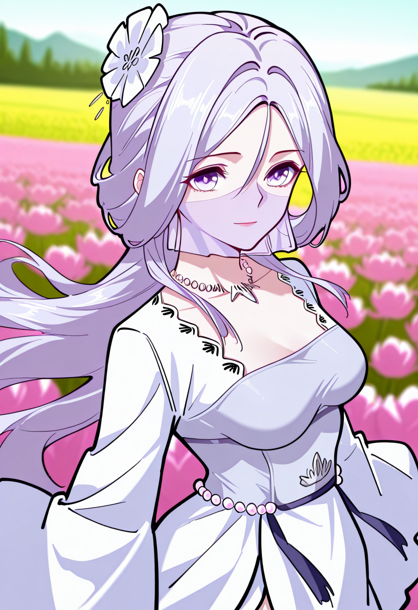 <lora:Chu_Qingcheng_IL:1>,Chu_Qingcheng_IL,1girl,long purple hair,wavy hair,Soft wavy strands,hair ornament,parted bangs,purple eyes,hair between eyes,necklace,medium breasts,face veil,soft light purple veil,elegant outfit,white dress,layered dress,pearl accents,high slit dress,wide sleeves,flowy fabric,ornamental belt,waist gems,floral chest design,
score_9,score_8_up,score_7_up,very aesthetic,source_anime,detailed,high quality,beautiful,masterpiece,detailed eyes,field,blurry background,pose dynamic angle,upper body,cowboy shot,light smile,floating
