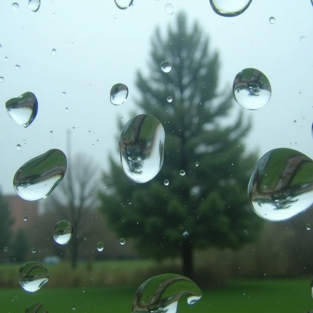 Photography close-up of rain drops on a glass pane. In each rain drop, there is a very distorted and inverted image of a tree, with the sky at the bottom and the ground at the top. The tree can be seen very blurry in the background <lora:refraction-000111:1>