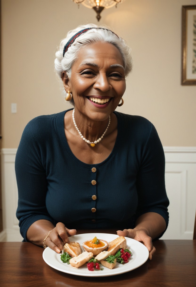 score_9, score_8_up, score_7_up, score_6_up, 1girl, black, dark skin, very old, grandma, cornrows, mature, older woman, holding platter, standing, leaning over dining table, laughing, light hearted shot, modern dining room background,