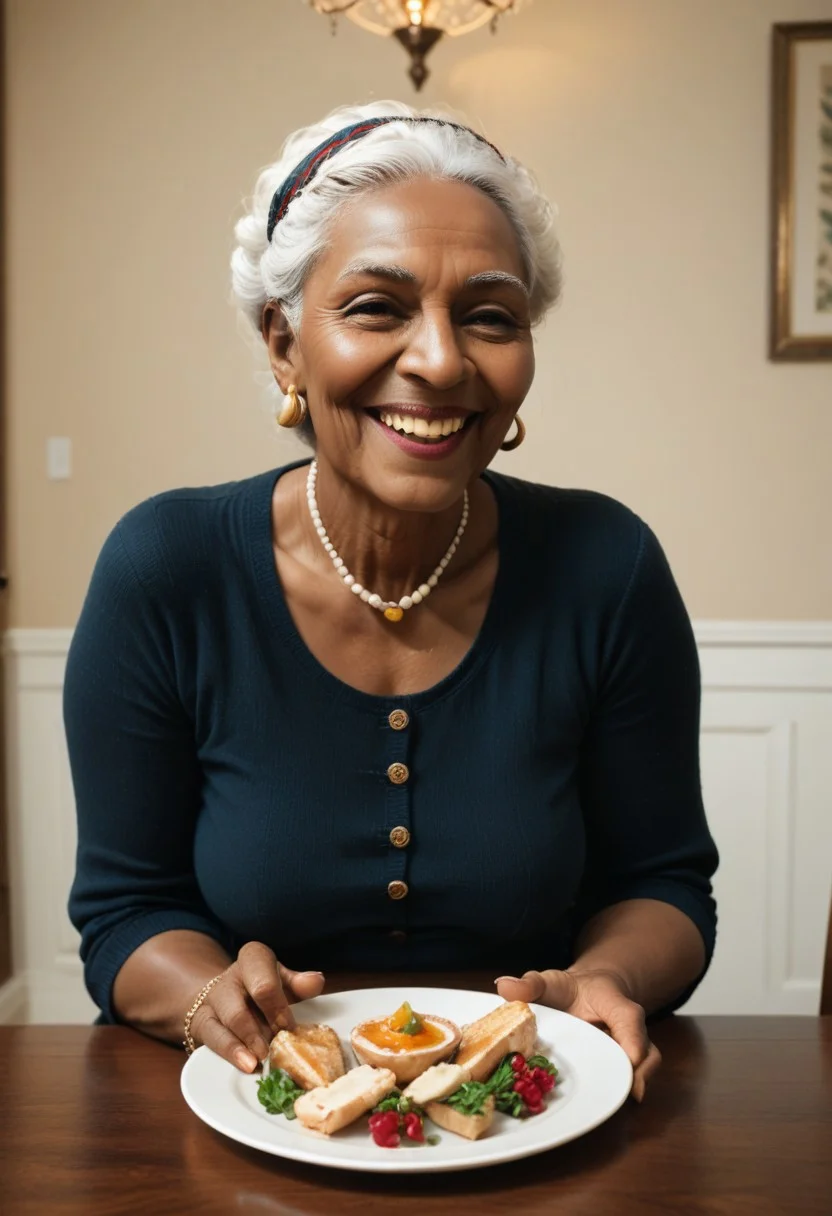 score_9, score_8_up, score_7_up, score_6_up, 1girl, black, dark skin, very old, grandma, cornrows, mature, older woman, holding platter, standing, leaning over dining table, laughing, light hearted shot, modern dining room background,