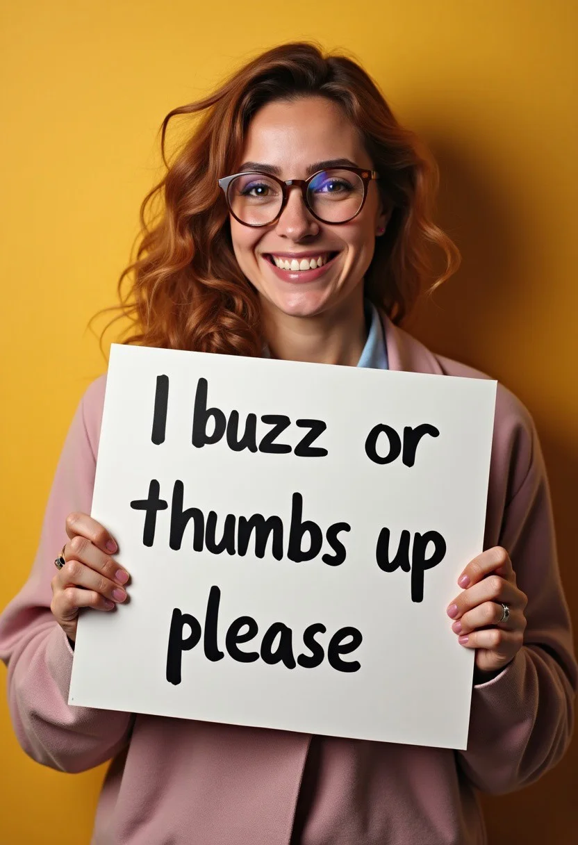 cute woman holding sign "i need buzz or thumbs up please"