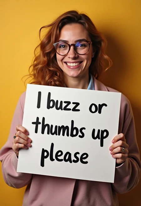 cute woman holding sign "i need buzz or thumbs up please"