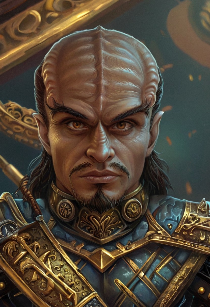 novuschroma17 style, male kling0n alien, brown skin, forehead ridges, large eyebrows, wearing medieval heavy golden paladin armor