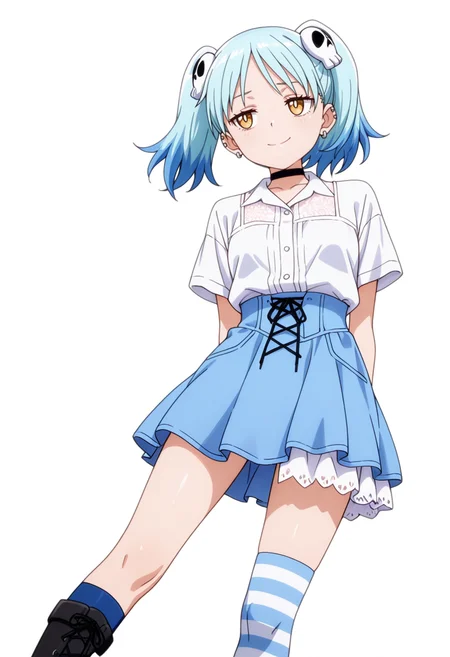 masterpiece,high quality details, absurdres,
<lora:Izutsumi_Marín:0.8>
izutsumi_cnr, 1girl, blue hair,yellow eyes, multicolored hair, skull hair ornament, twintails, black choker,ear piercing,, simple background, white background, dynamic angle,solo,, sad smile,thinking,, 0w0,, ultra realistic, high detailed skin,, lace-up top,dress shirt,asymmetrical skirt,,mismatched legwear kneehighs,