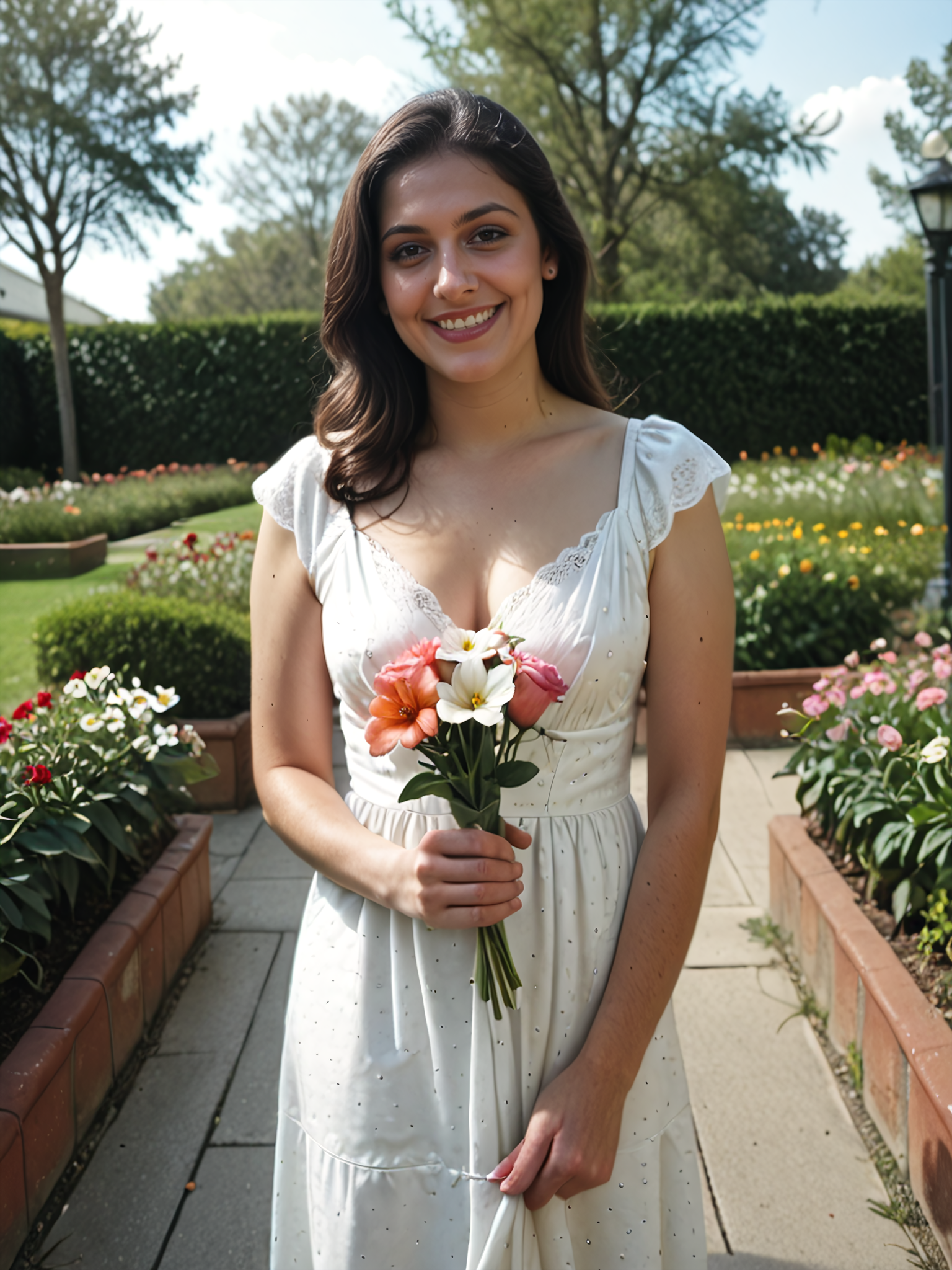 score_9,score8_up,pov photo,woman,PDXLTI_dgmocha,smiling,solo,wearing a cotton dress,in a garden,holding a flower in her hand,shallow depth of field