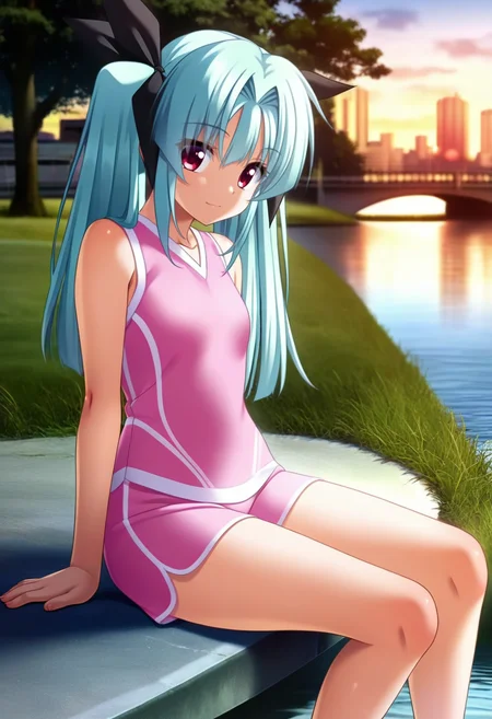 masterpiece, best quality, amazing quality,yume kominami, red eyes, blue hair, twintails, hair ribbon, ahoge, 1girl, solo,long hair, ribbon, sleeveless,pink sportswear,closed mouth, light smile, sitting, looking at viewer, blurry background, cityscape, bridge, grass, tree, riverbank<lora:yume kominamiV1:1>