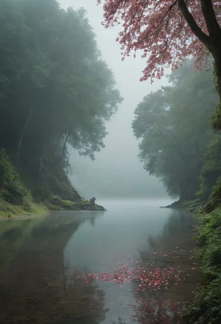 cinematic sci-fi style film, extreme long take, masterpiece, minute details, best quality, absurd resolution, serene, mystical scene with a calm lake into which a quiet stream flows. In the distance, on top of a small hill, partially hidden by light fog, stands an ancient alien temple. the corpse floats quietly on a quiet lake, and a lonely, tired traveler stands nearby, adding a touch of elegance to the scene. strange trees line the shore, their delicate red and white petals creating a beautiful contrast with the lush greenery. A variety of flowers dot the landscape, highlighting the natural beauty. The set is bathed in soft, faint sunlight, enveloping the entire stage in a warm, ethereal glow. The overall atmosphere is one of peaceful solitude and natural beauty, conveying the essence of a hidden hell.