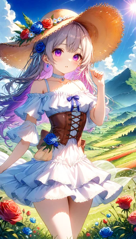 score_9_up,score_9,score_8,score_8_up,(score_7_up, score_7,score_6_up:0.8),source_anime,official art,(best quality),masterpiece,an extremely delicate and beautiful,extremely detailed,finely detail,ultra-detailed,highres,beautiful detailed,brightly colored,IRL,Fantasy,Photo,Unreal Engine 5,beautiful eyes and face,<lora:SoftWatercolors:1.2>,1girl,hat,outdoors,flower,dress,solo,long hair,purple eyes,looking at viewer,white dress,straw hat,gray hair,hat flower,rose,bare shoulders,day,sky,cowboy shot,short sleeves,blue flower,frills,parted lips,standing,corset,blush,frilled dress,field,red flower,cloud,jewelry,collarbone,blue sky,sun hat,grass,hand up,mountainous horizon,white choker,off shoulder,brown headwear,