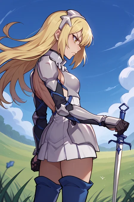 score_9, score_8_up, score_7_up, score_6_up, source_anime, BREAK 1girl, solo <lora:aiswallenstein-pdxl-nvwls-v1:1> ais wallenstein, hairband, armored dress, gauntlets, black gloves, thigh boots, holding rapier, serious, from side, blue sky, field, brandishing sword