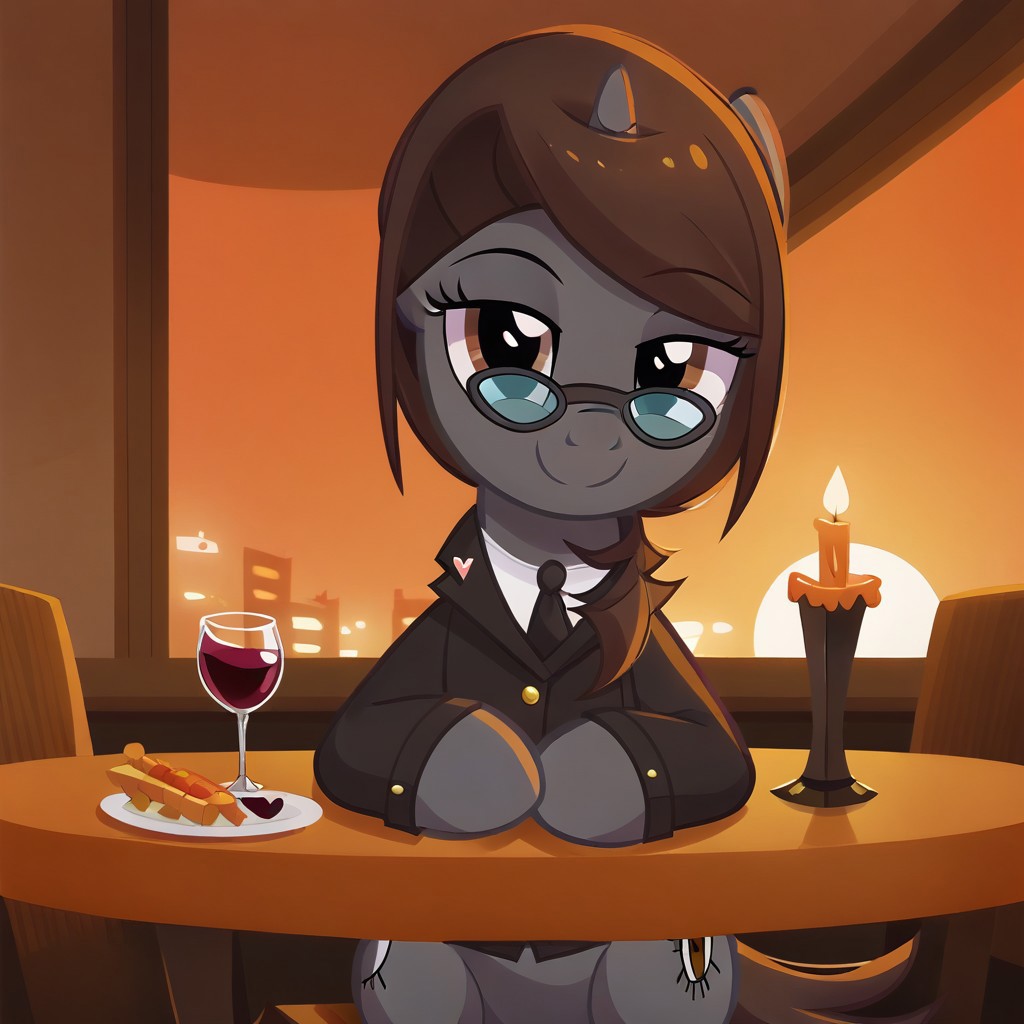 masterpiece, perfect detail, best high quality, source_pony, show accurate, cute, 1girl, 1man, solo, female, oc:sonata, glasses, attorney suit, badge on collar, pony, tail, sitting, sitting in chair, table, wine glass, plates, silverware, forks, knives, napkins, fancy restaurant, dinner, candles, windows, sunset, smile, closed mouth, beautiful, pov, bedroom eyes, looking at you, human male, offscreen character, sitting across from character, suit, hands on table, score_9, score_8_up, score_7_up, score_6_up, score_5_up, score_4_up