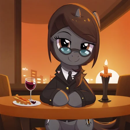 masterpiece, perfect detail, best high quality, source_pony, show accurate, cute, 1girl, 1man, solo, female, oc:sonata, glasses, attorney suit, badge on collar, pony, tail, sitting, sitting in chair, table, wine glass, plates, silverware, forks, knives, napkins, fancy restaurant, dinner, candles, windows, sunset, smile, closed mouth, beautiful, pov, bedroom eyes, looking at you, human male, offscreen character, sitting across from character, suit, hands on table, score_9, score_8_up, score_7_up, score_6_up, score_5_up, score_4_up