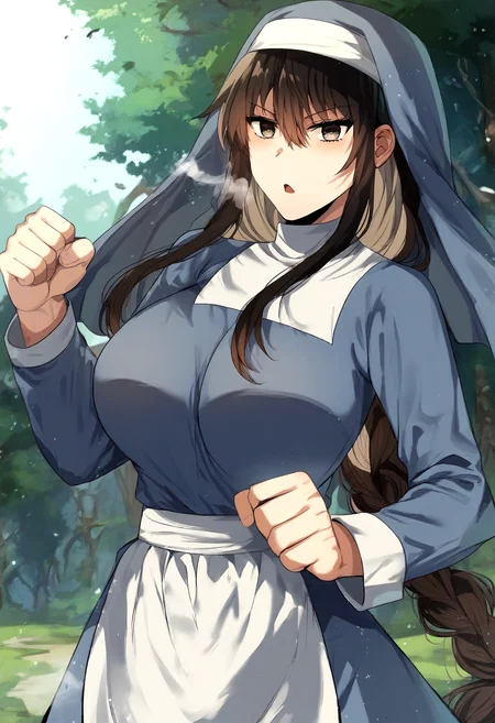 score_9, score_8_up, score_7_up, score_6_up, source_anime, rating_explicit, 1girl, solo, huge breasts, <lora:Karen Inacius prefectPonyxl:1> long hair, hair between eyes, black hair, grey eyes, brown hair, black eyes, sidelocks, brown eyes, braided ponytail, traditional nun, habit, blue dress, long sleeves, waist apron, white apron, serious, open mouth, Narrow shoulders, heavy breathing, steaming body, forest, outdoors, standing, looking at viewer, clenched hands, fighting stance, hand up