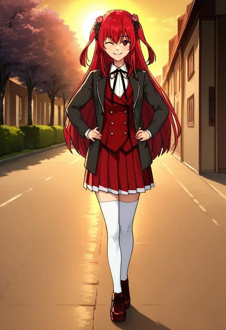 score_9, score_8_up, score_7_up, score_6_up, source_anime, anime coloring, smile, full body, <lora:Amelia_Rose:1> amelia_rose, red hair, solo, red eyes, school uniform, white thighhighs, walking by the street of small village, 3/4 side view, wide smile, winking, looking at viewer, full body view, close view, sexy pose, hands on hips, beautiful background, sun rays