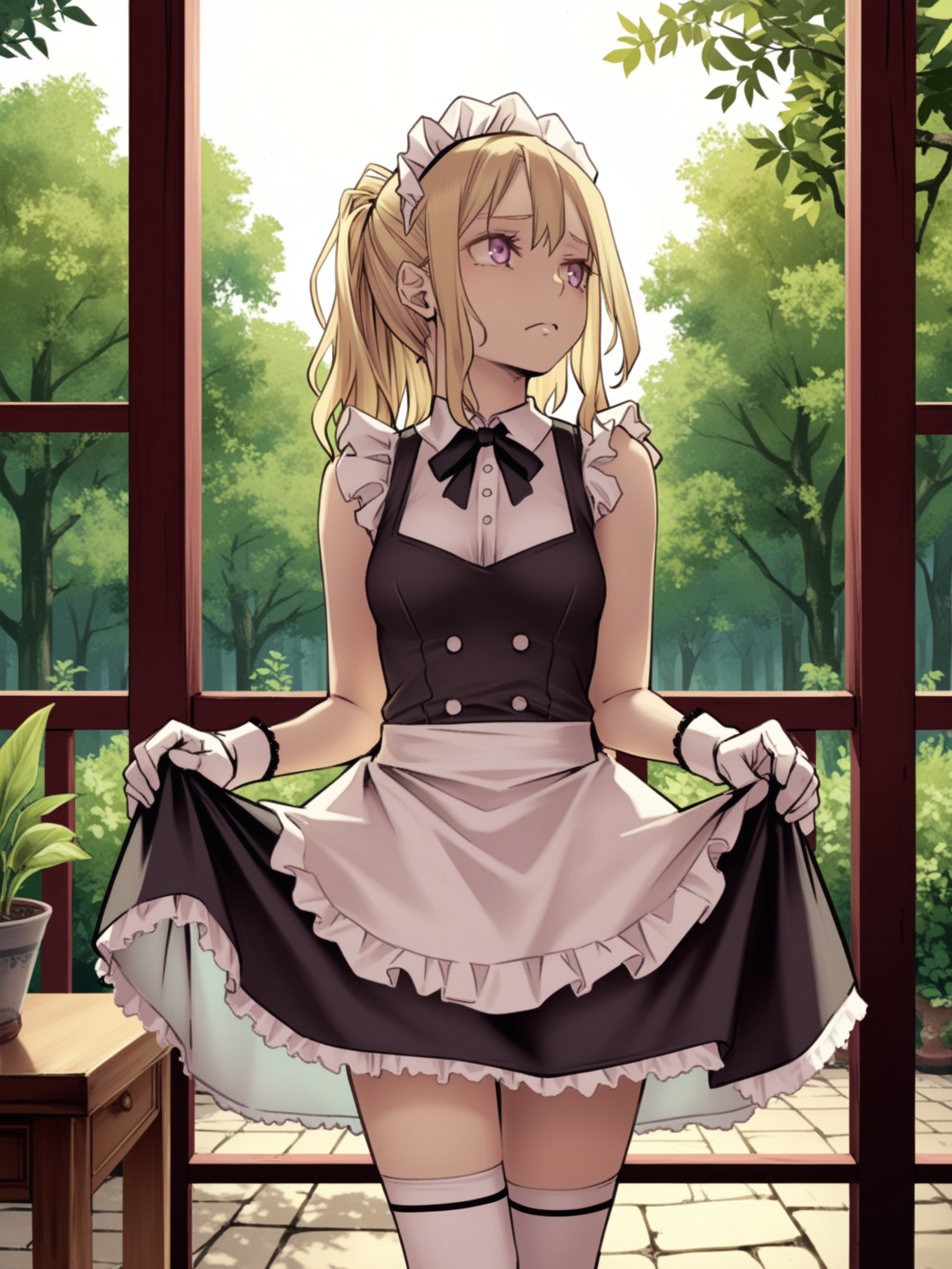 <lora:happy_tentacle-fuyuno-v0.3-000021:1>, ht_fuyuno, blonde hair, maid, maid headdress, sleeveless dress, frills, gloves, kneehighs, bowtie , outdoors 1girl, solo, cowboy shot, thighs , , (sad :1), , looking away , , , score_9, score_8_up, score_7_up, score_6_up, score_5_up, score_4_up