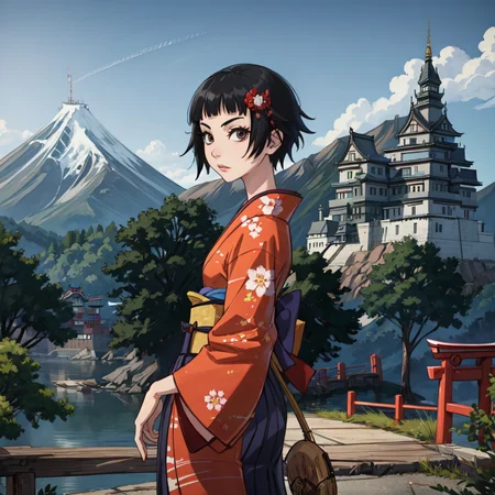 (masterpiece:1.2), ultra detailed, <lora:MatoiTsunetsuki:0.75>, Matoi, kimono, hakama, japanese castle, close, outside, persistent stare, mountains, best quality, looking at the viewer