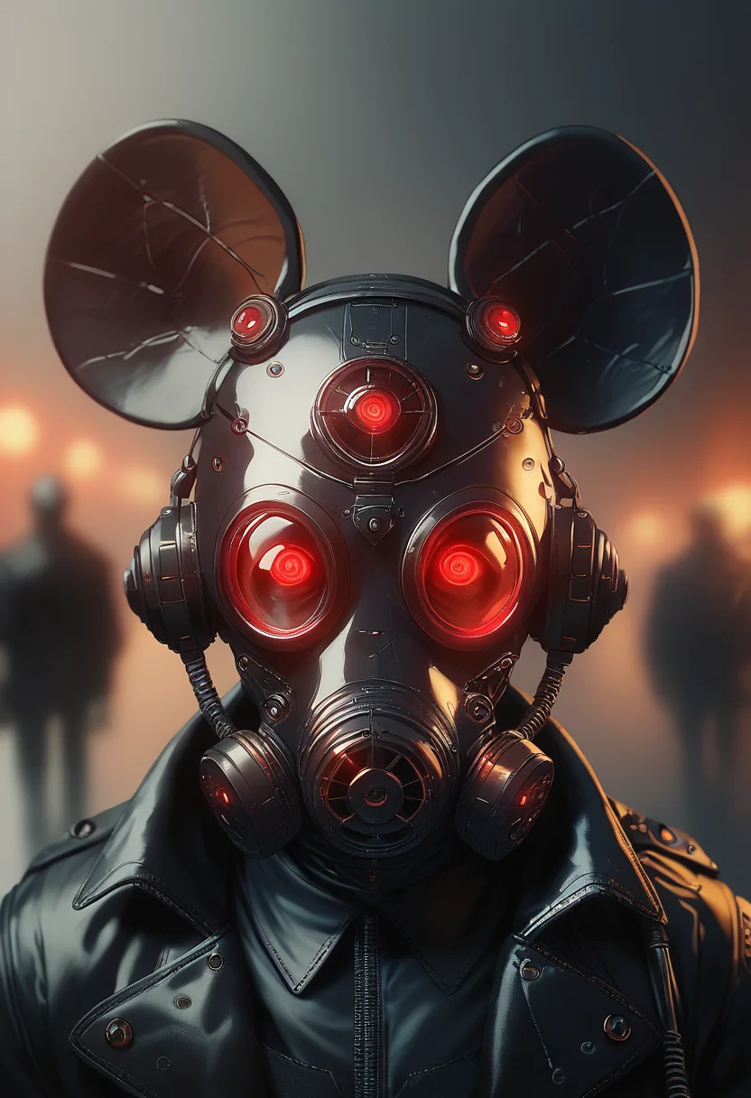 (score_9, score_8_up), score_7_up, looking at viewer, red eyes, jacket, upper body, blurry, black jacket, mask, glowing, helmet, robot, facing viewer, reflection, science fiction, mouse ears, cable, leather, leather jacket, gas mask, cyberpunk, tube
<lora:Gas_mask-000009:0.7>