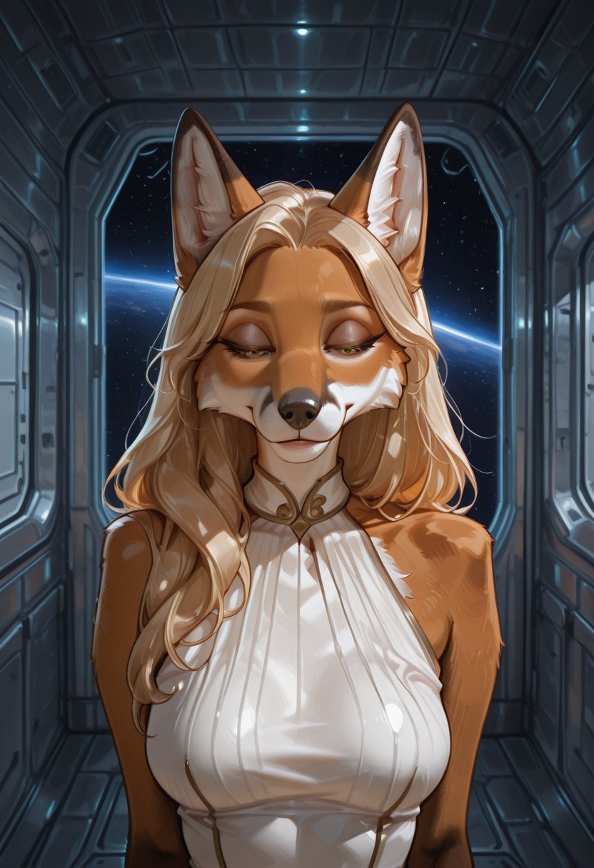 highly detailed, best quality, masterpiece, detailed background, detailed fur, detailed eyes, 1woman, Denebra, Fox woman, blonde hair, older woman, mature, natural body, natural breasts,
futuristic background, metal walls, bedroom, space station,
Variety,